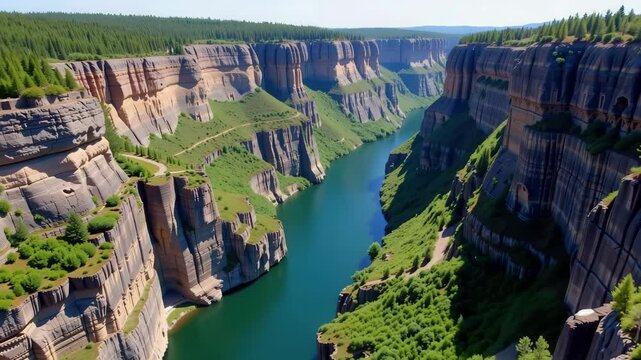 A winding river flows between massive, steep canyon walls covered in patches of green vegetation and trees.