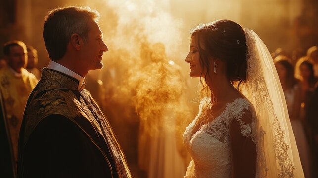A couple stands facing each other, smiling as they exchange vows during a beautiful outdoor wedding ceremony at sunset, surrounded by loved ones celebrating the moment.