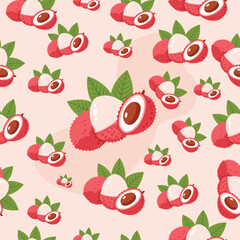 Seamless Lychee Fruit Pattern with Leaves, Pink Tropical Background