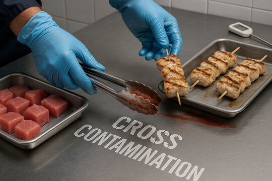 Cross Contamination danger with cooked chicken skewers being handled using contaminated tongs near raw meat in food processing facility with blue-gloved hands..