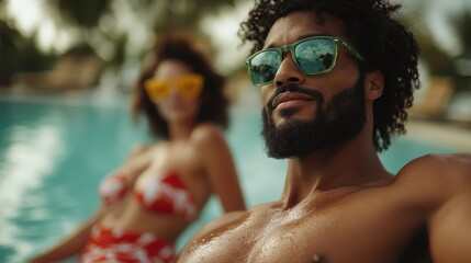 A stylish man and woman enjoy a relaxing moment by the pool, showcasing their trendy sunglasses and carefree summer vibes amidst a lush backdrop.
