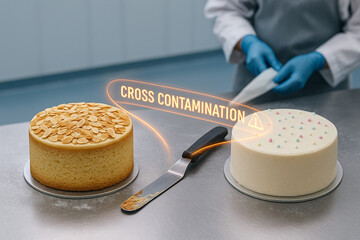 Cross Contamination Risk Between Almond Cake and Nut-Free Vanilla Dessert via Unclean Spatula in Industrial Bakery Under Food Safety HACCP Monitoring and GMP Controls