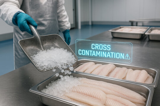 Cross Contamination warning in fish icing station with shared scoop over Argentine hake fillets in industrial processing facility under hygienic food safety conditions
