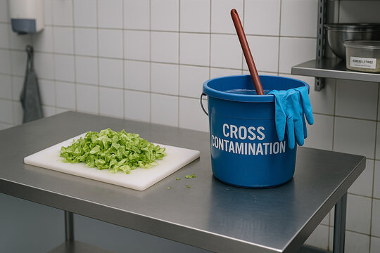 Cross contamination in food-preparation zone: contact between soiled sanitation equipment and fresh lettuce on shared surface under noncompliant hygienic and handling conditions..