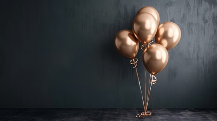 A visually striking arrangement of stylish golden balloons floating gracefully against a dark textured wall, creating a sense of celebration and luxury in a minimalist format.