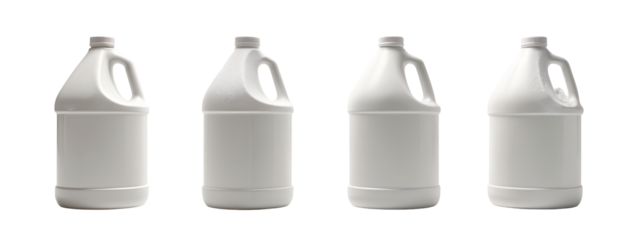 A set of four white plastic jugs