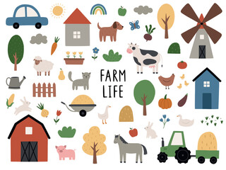 A hand-drawn rustic set. A collection of isolated farm animals on a white background. Vector illustration in a flat style © Victoria Guzeeva
