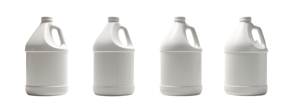 A set of four white plastic jugs