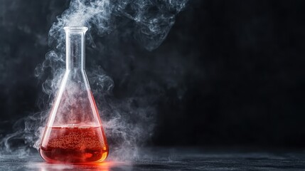 This vibrant flask filled with bubbling red liquid emanates steam, representing experimentation and the exciting world of science, inviting curiosity and exploration in chemistry.
