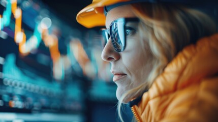A determined woman wearing a hard hat and glasses intensely observes data on a screen, representing professionalism, dedication, and empowerment within a technical environment.