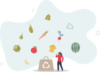 Eco friendly products with recyclable and organic packaging tiny person concept.Grocery items from zero waste shops as natural. character life .