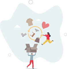 Second hand clothes purchase for textile product reusage tiny person concept.Zero waste cycle. character life .