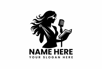 Elegant black silhouette of a woman singing into a microphone while reading from a book. Music and education concept