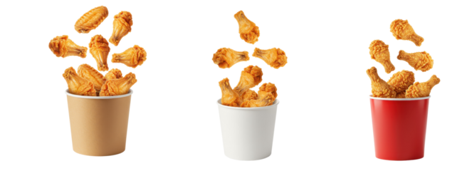 Fried chicken hot crispy strips pieces falling into paper bucket set, cut out.