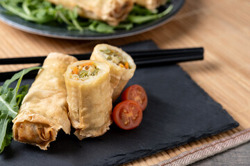 Crispy vegetables spring Rolls. Copy space