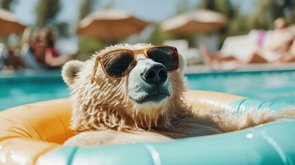 A playful bear floating in a pool on a sunny day with stylish sunglasses, showcasing a whimsical take on summer relaxation and fun in the water against vibrant backgrounds.