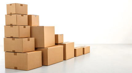 Fototapeta premium Stack of brown cardboard boxes on white background