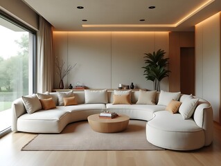 Fototapeta premium A living room with a large circular couch and a coffee table