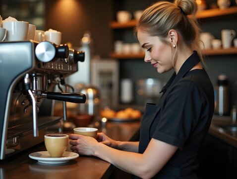Barista using coffee machine in a cafe with cups and pastries