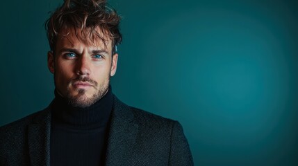Obraz premium A striking portrait of a handsome man with piercing blue eyes and tousled hair, exuding charisma and confidence against a minimalist backdrop, emphasizing facial features.