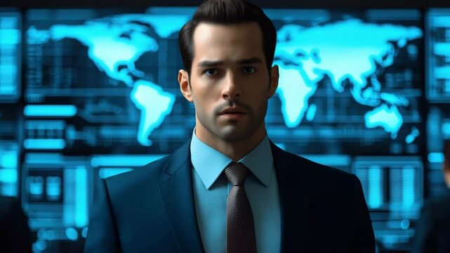Businessman analyzing data on digital screens in a modern office environment.