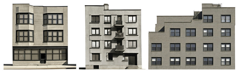 Fototapeta premium PNG Urban apartment building facades, element set on transparent background