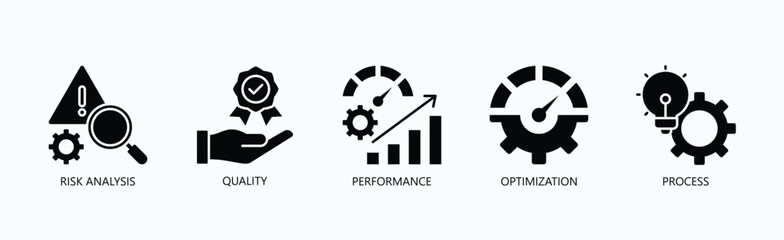 Key Pillars Of Excellence Icon Set Isolated Vector With Icon Of Risk Analysis, Quality, Performance, Optimization, Process In Glyph Style
