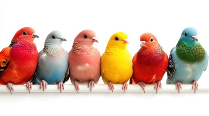 A vibrant display of six colorful birds showcasing a range of hues perched closely, highlighting their beauty and diversity in a minimalist setting against white.