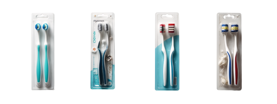 A set of three toothbrushes in a clear plastic case.