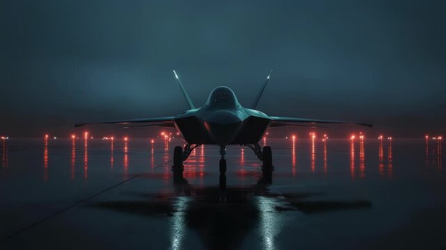 Raptor Fighter Jets on Runway at Night with Reflection and Dramatic Lighting