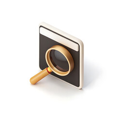 3d magnifying glass icon on square button isolated on white background