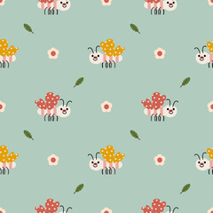 Butterfly cartoon so cute.  On leaf flower background. Pattern seamless vector illustration. 