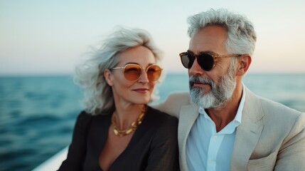 An elegant couple with gray hair and sunglasses enjoys a serene moment together on a boat, capturing a sense of romance and sophistication against a beautiful watery backdrop.