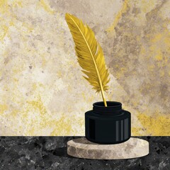 Gold feather in a black inkwell on a textured surface.
