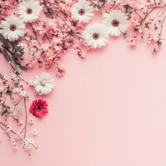 Springtime floral border with blooming daisies and sakura flowers on blush background for seasonal promotions