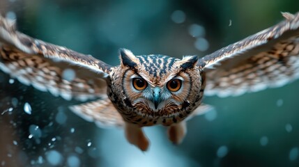 Obraz premium An impressive owl soars gracefully through a snowy landscape, showcasing its stunning plumage and keen gaze, symbolizing wisdom and the beauty of nature.