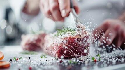 An expert chef seasons a high-quality cut of meat with fresh herbs, illustrating precision, culinary technique, and the art of flavoring within a creative kitchen environment.