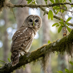 Fototapeta premium Owl in the Woods: A captivating owl, perched majestically upon a moss-covered branch within a lush forest, its gaze piercing with wisdom and serenity. 