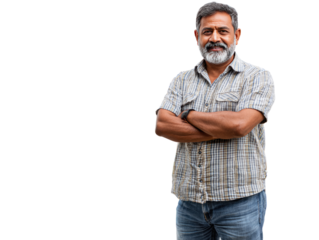 Contented Senior Portrait: A cheerful, older man with a neatly trimmed beard poses confidently, arms crossed, showcasing wisdom and life experience. He exudes a gentle warmth.