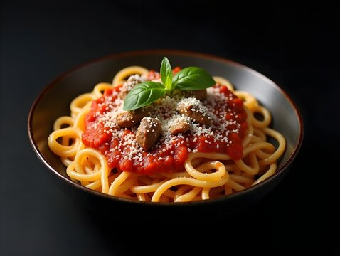 Pasta bowl with sauce and toppings, on a black background for social media ads