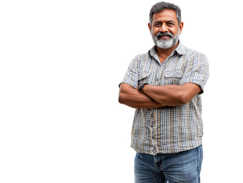 Contented Senior Portrait: A cheerful, older man with a neatly trimmed beard poses confidently, arms crossed, showcasing wisdom and life experience. He exudes a gentle warmth.