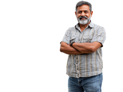 Contented Senior Portrait: A cheerful, older man with a neatly trimmed beard poses confidently, arms crossed, showcasing wisdom and life experience. He exudes a gentle warmth.