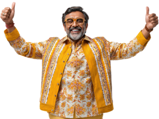 Joyful Approval: A beaming, mature individual with a beard, expresses unequivocal delight, extending thumbs up in a portrait that radiates happiness and endorsement.