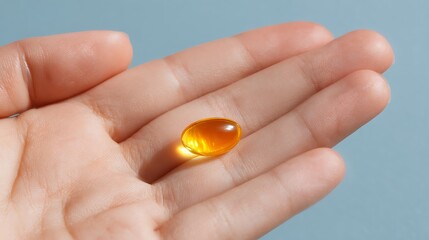 Omega-3 Capsule: Close-up of a Golden Yellow Fish Oil Supplement in a Hand