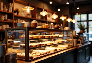 Display case filled with assorted baked goods in a cozy cafe setting