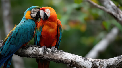 Fototapeta premium Two Colorful Parrots Preening Each Other on a Tree Branch Amidst Lush Greenery in a Vibrant Nature Setting