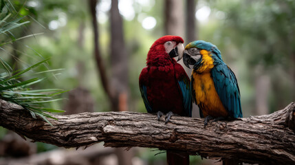 Naklejka premium Two Colorful Parrots Preening Each Other on a Tree Branch in a Lush Green Environment