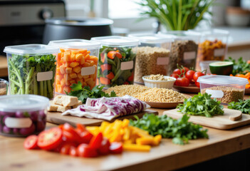 Obraz premium Fresh chopped vegetables and grains arranged on a kitchen countertop for meal preparation