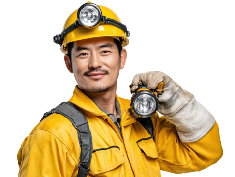 Portrait of a Confident Miner: A focused miner in high-visibility attire and hard hat, smiles with professional confidence, wielding a bright headlamp, highlighting dedication to the mining industry.