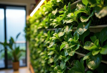 Lush green plants with vibrant leaves grow along a wall in an indoor space with natural light